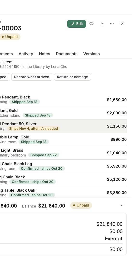 Each item’s ship date, with a late one flagged in amber