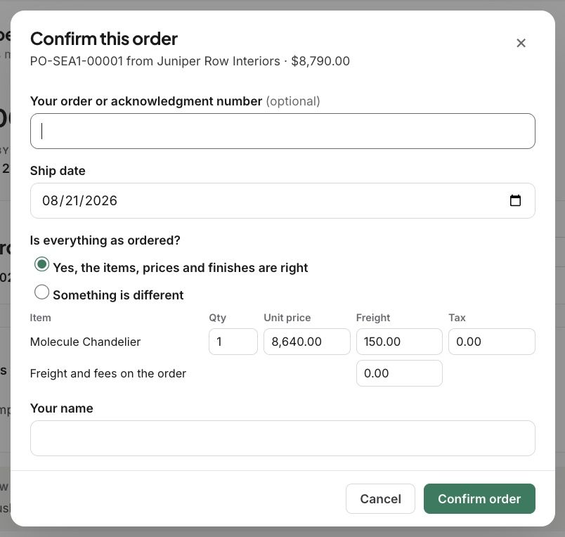 Your vendor confirms the order with their order number and ship date