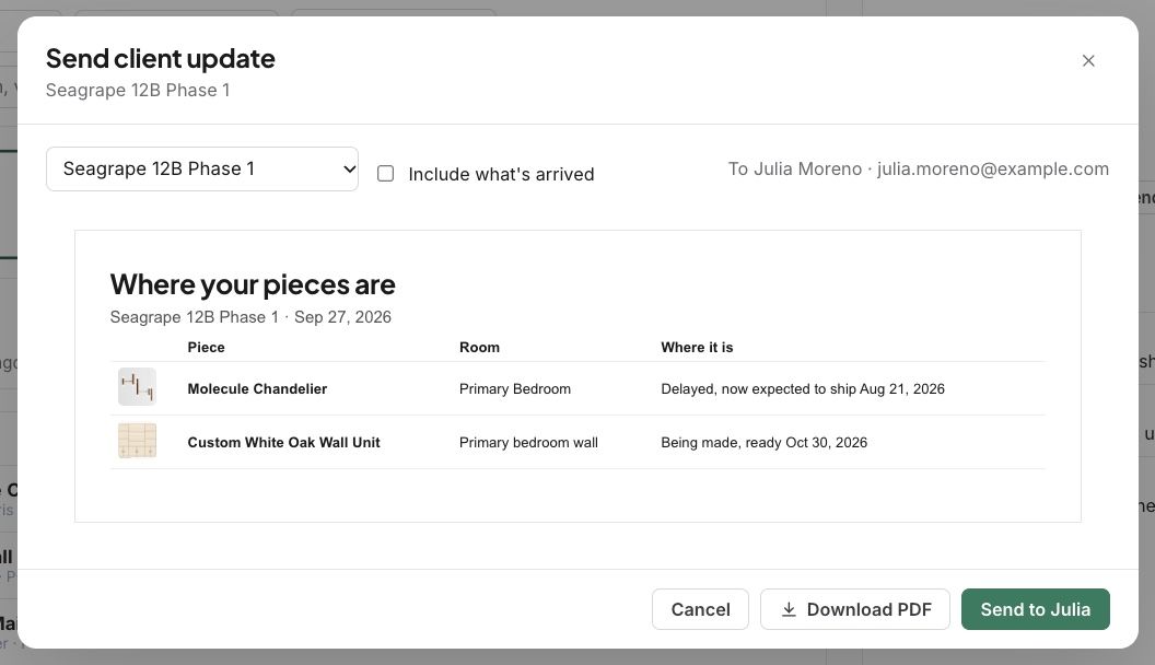 Send client update: where each piece is, without prices or vendors