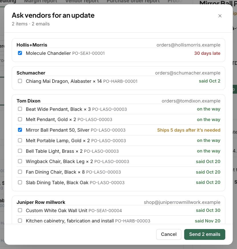 Ask vendors for an update, grouped by vendor