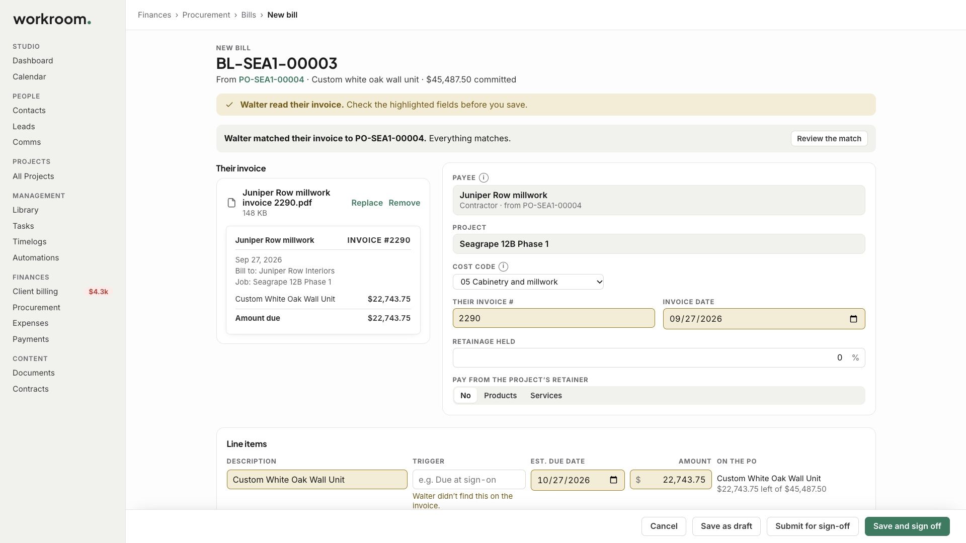 A bill Walter filled in from the vendor’s invoice, with his fields highlighted