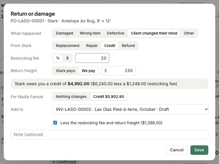 A return with a restocking fee: what the vendor owes you, and the credit for your client
