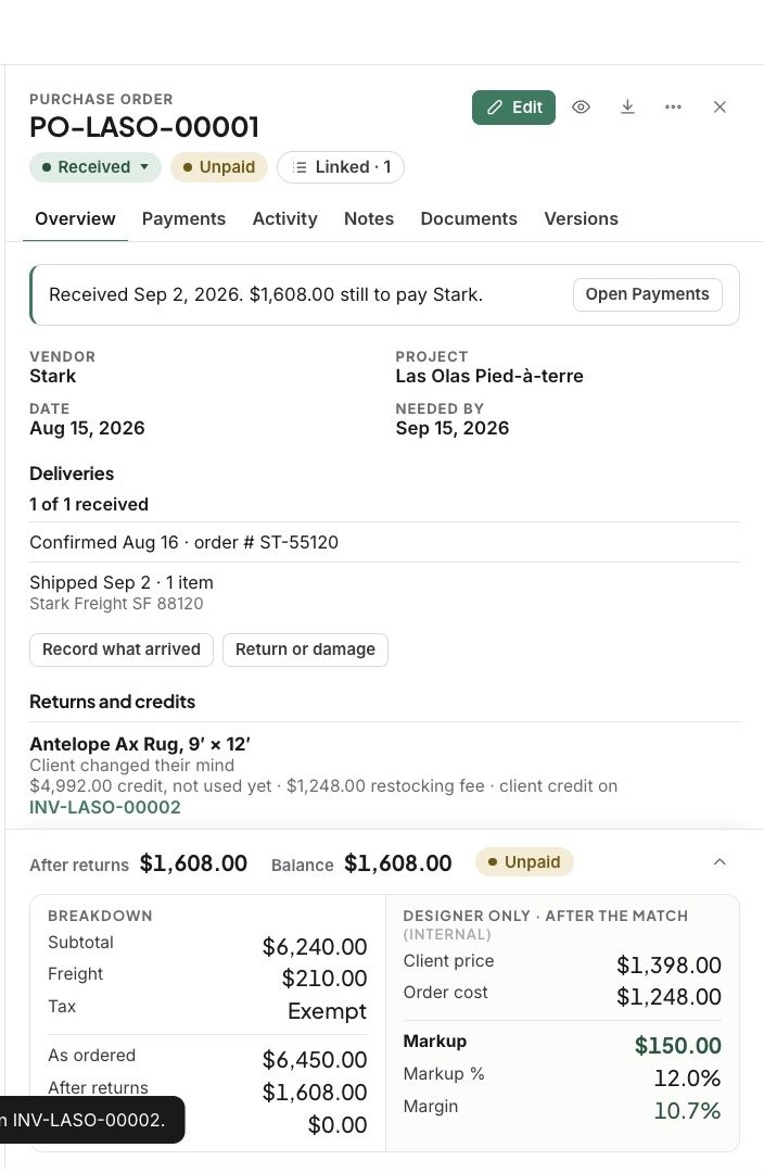 The purchase order with the return and the vendor’s credit
