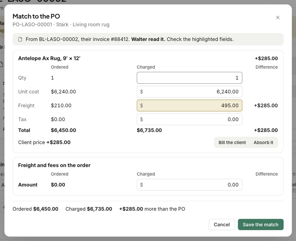 Match to the PO: ordered and charged side by side, with the difference