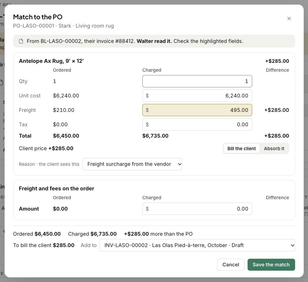 A higher price billed to the client, with a reason, added to an open invoice