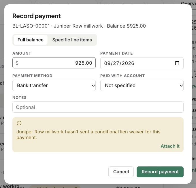 Record payment on a bill: full balance or specific lines