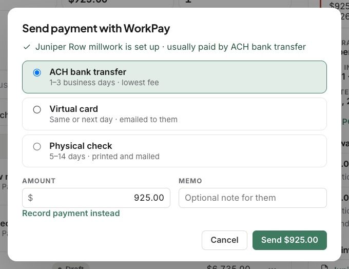 Send payment with WorkPay: bank transfer, virtual card or check