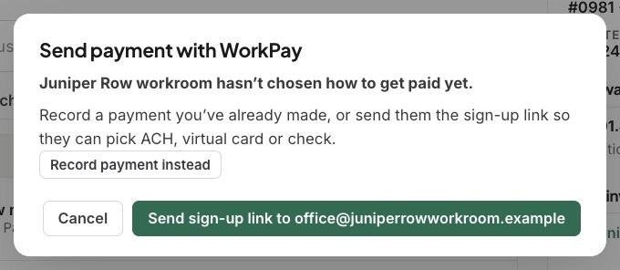 A vendor who hasn’t chosen how to get paid gets a sign-up link