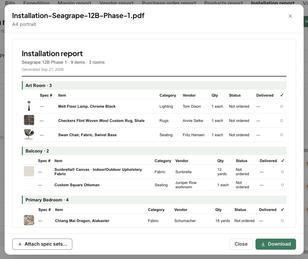 The Installation report’s PDF for install day