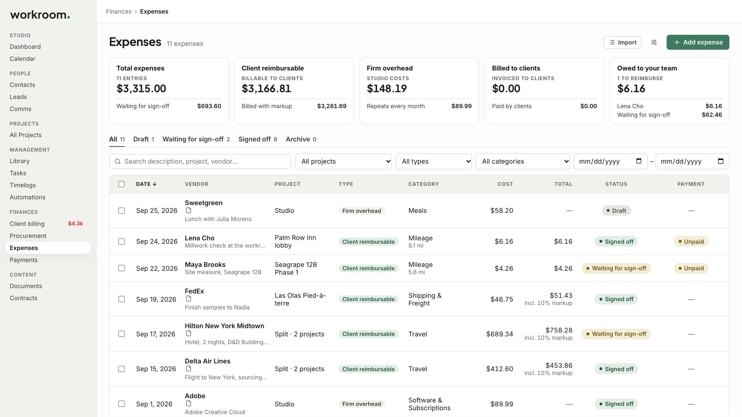 The Expenses page