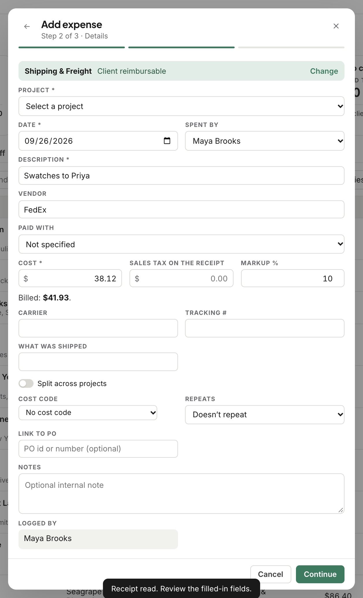 Add expense: the details Walter filled in from a FedEx receipt