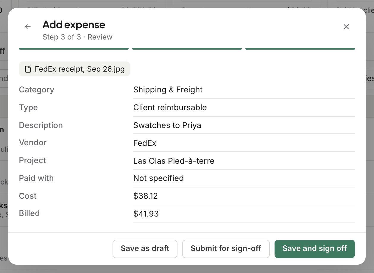 Add expense: the review, with Save as draft, Submit for sign-off and Save and sign off