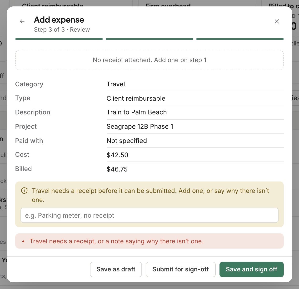 Travel with no receipt: a note is needed before it can be submitted