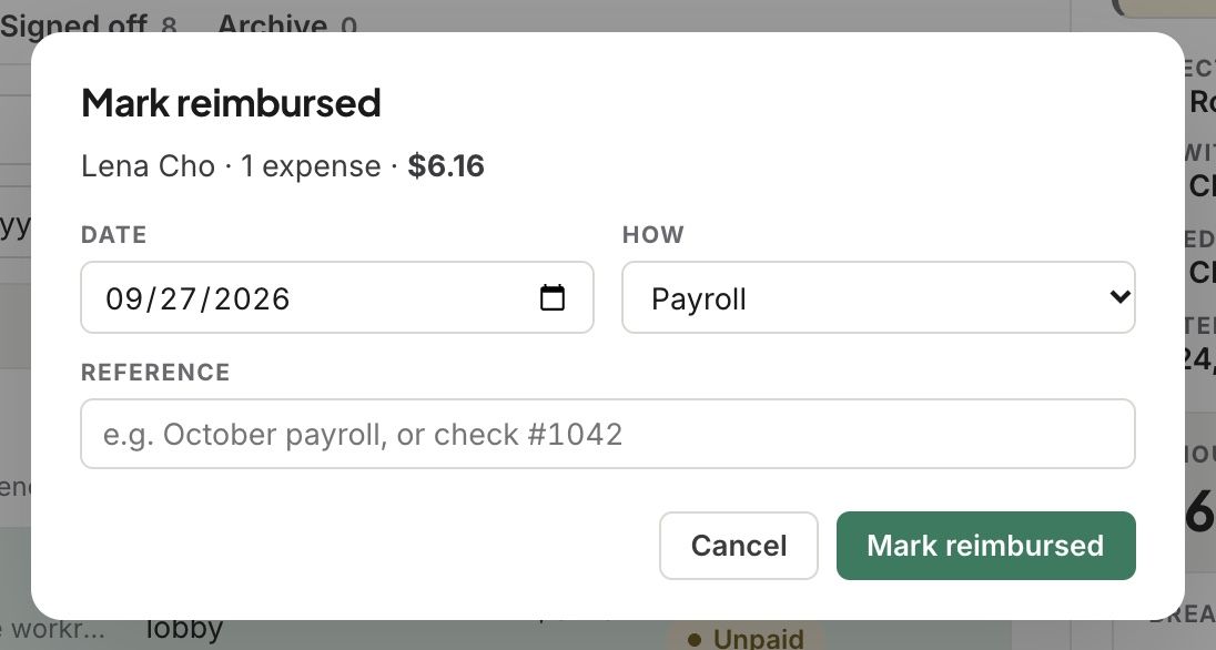 Mark reimbursed: the date, how, and a reference