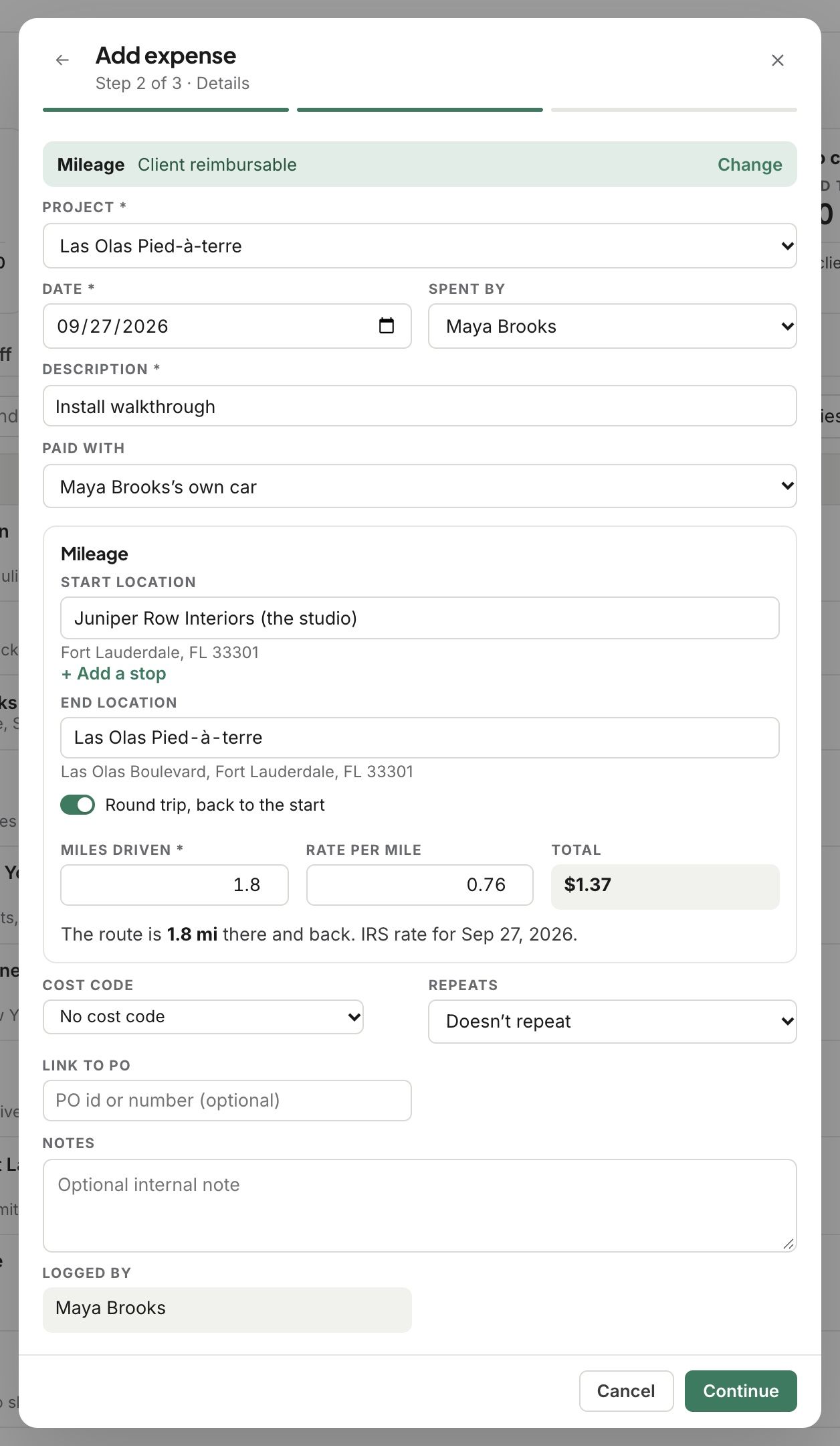 A mileage expense: start and end, round trip, miles, rate and total