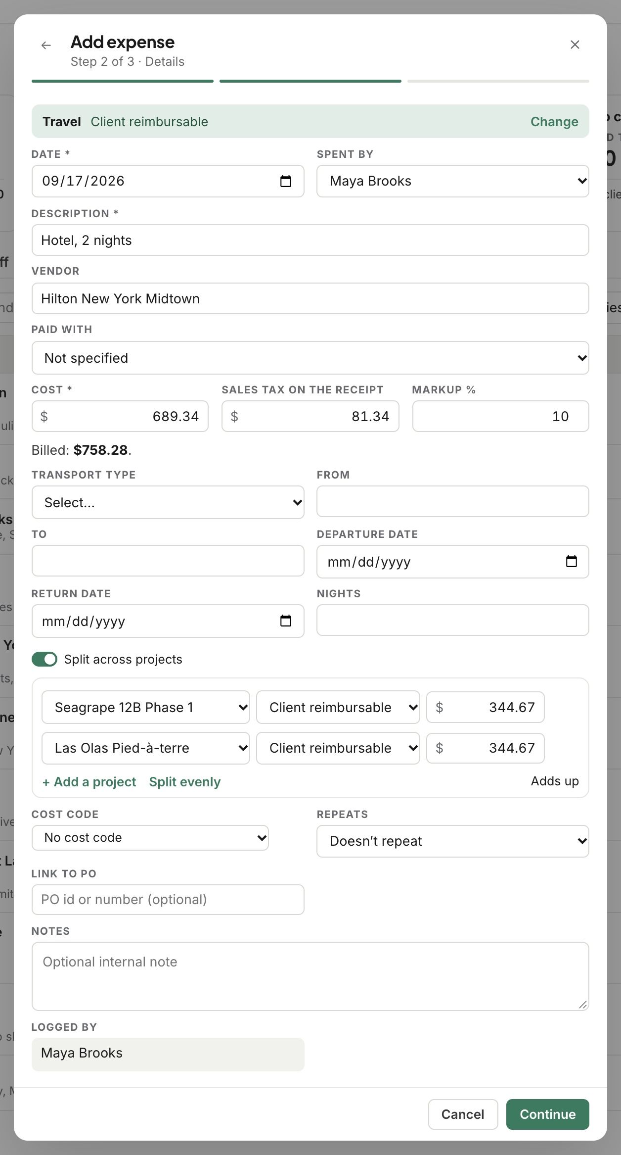 A hotel receipt split evenly across two projects