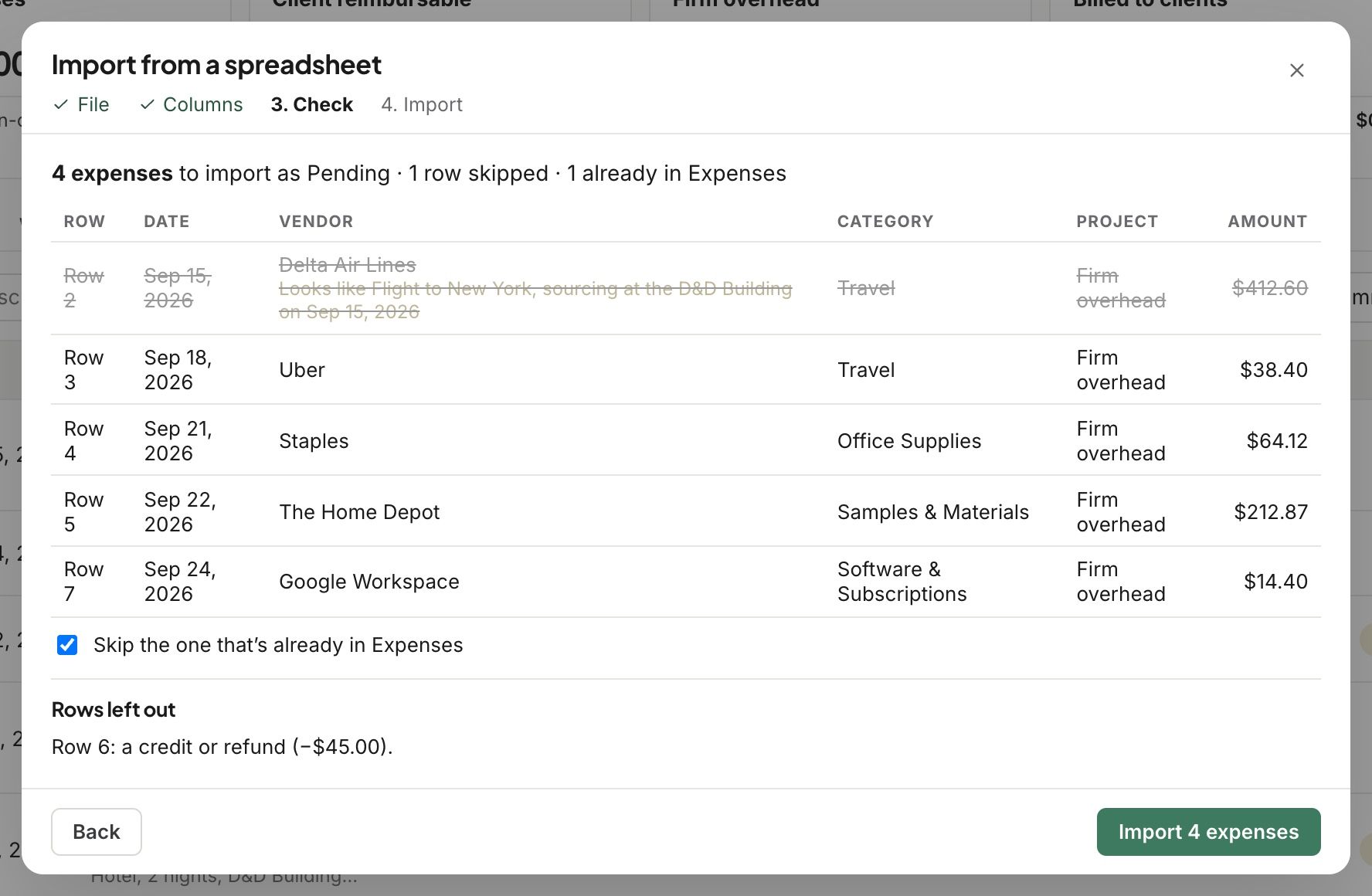 Import: the check step, with one row already in Expenses and a refund left out