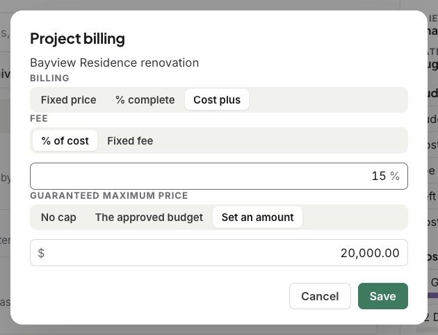 Project billing: cost plus, a 15% fee and a guaranteed maximum of $20,000