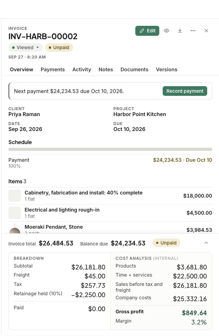 A progress invoice’s side panel, with the payment due now