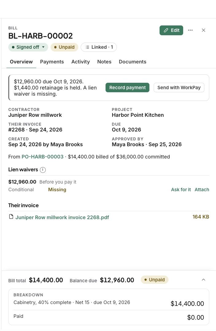 A contractor’s bill with retainage held and what to pay now