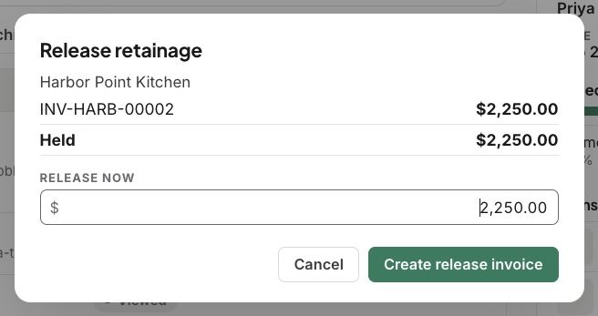 Release retainage: what is held, and Create release invoice