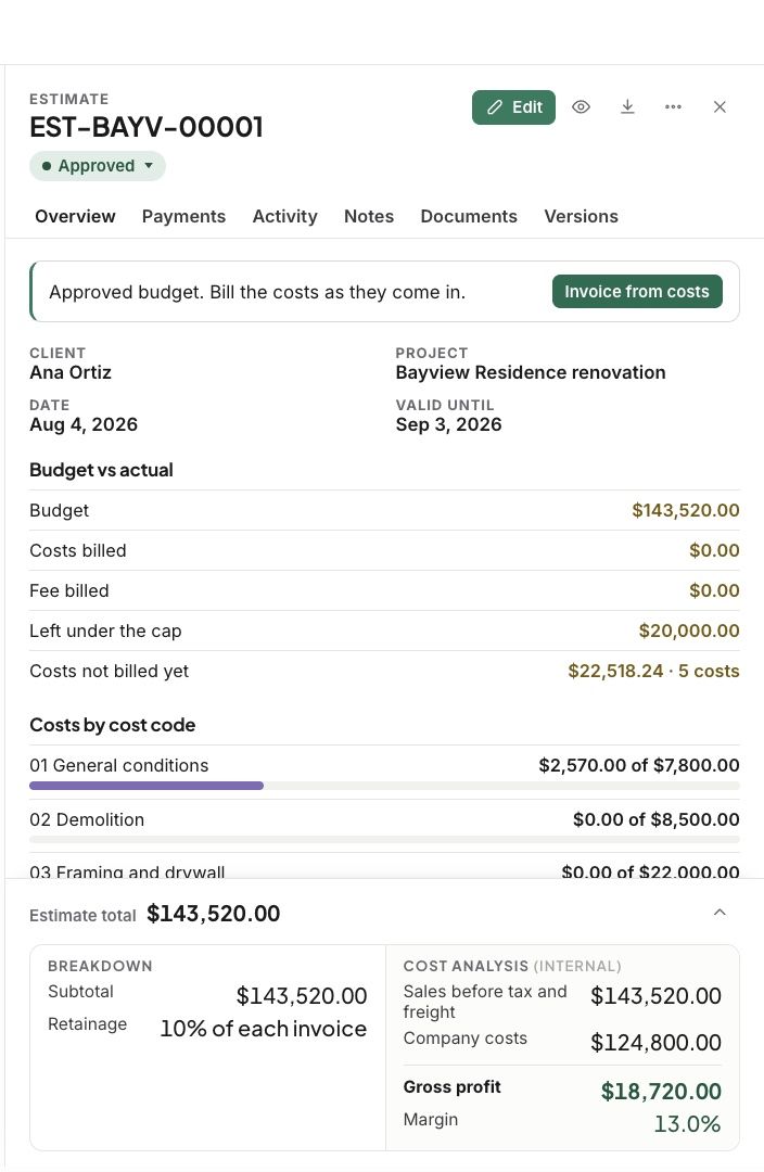 A cost plus estimate’s side panel: budget vs actual and Invoice from costs