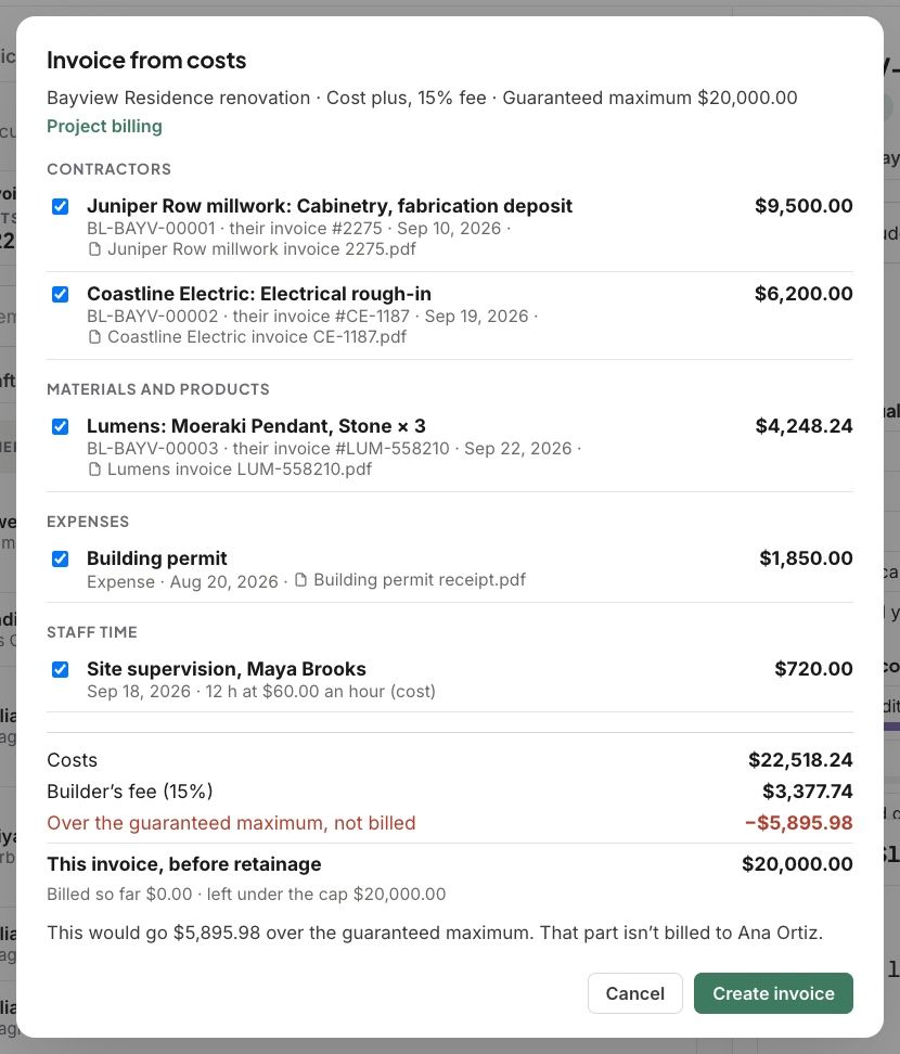 Invoice from costs: contractors, materials, expenses and staff time, the fee, and what is over the guaranteed maximum