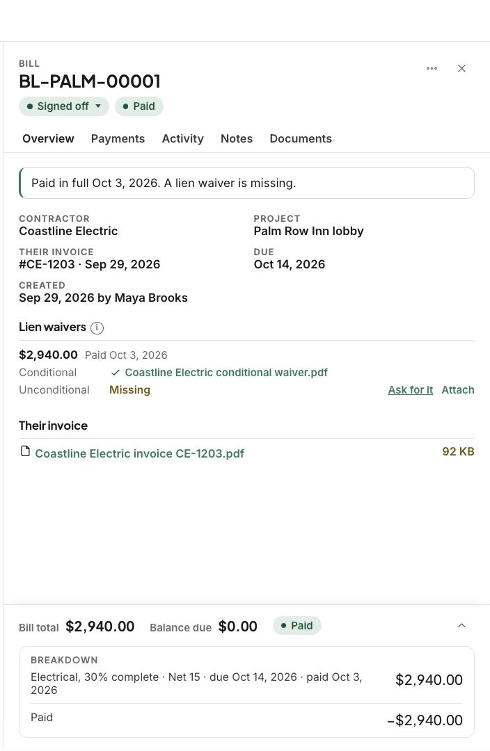 A contractor’s bill with its lien waivers, one missing