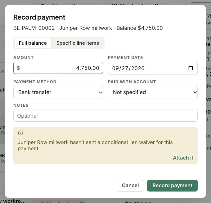 Record payment with a reminder that a conditional waiver is missing