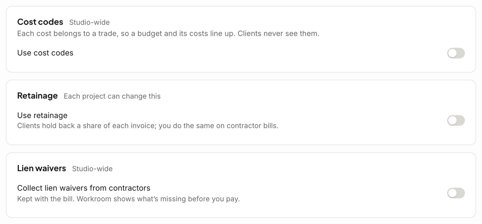 Design-build settings: cost codes, retainage and lien waivers