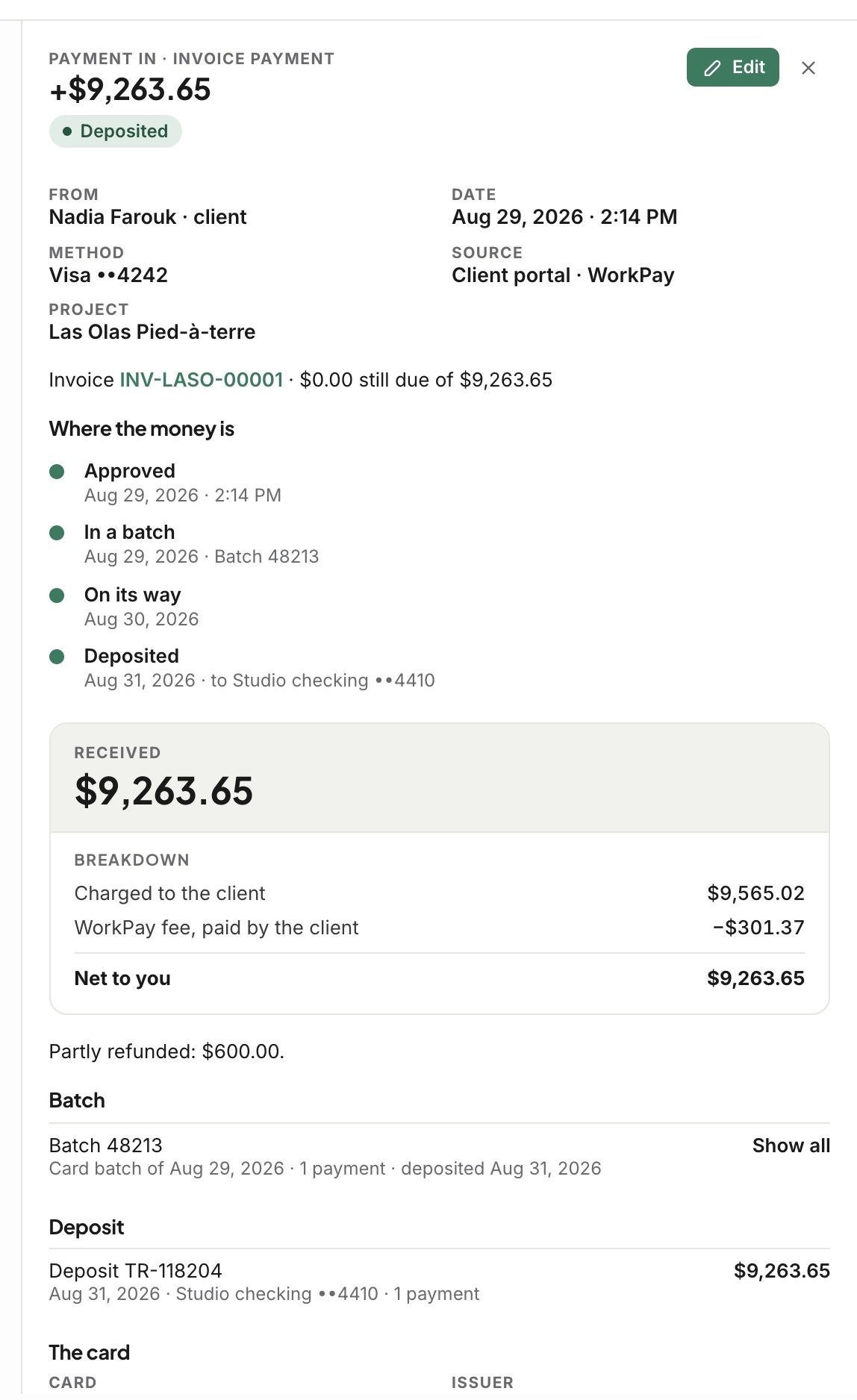 A card payment: where the money is, what was charged, the WorkPay fee and what you net