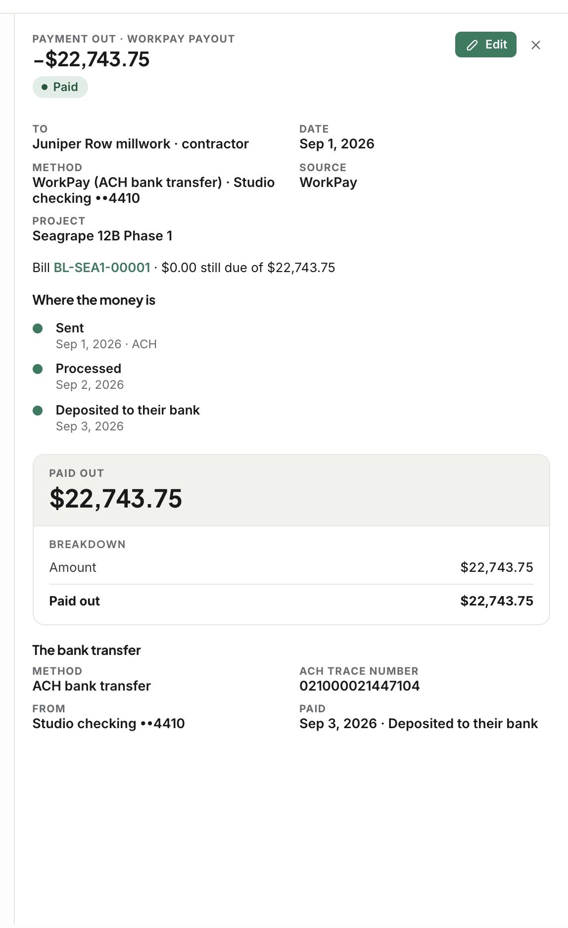 A WorkPay payout to a contractor, deposited to their bank