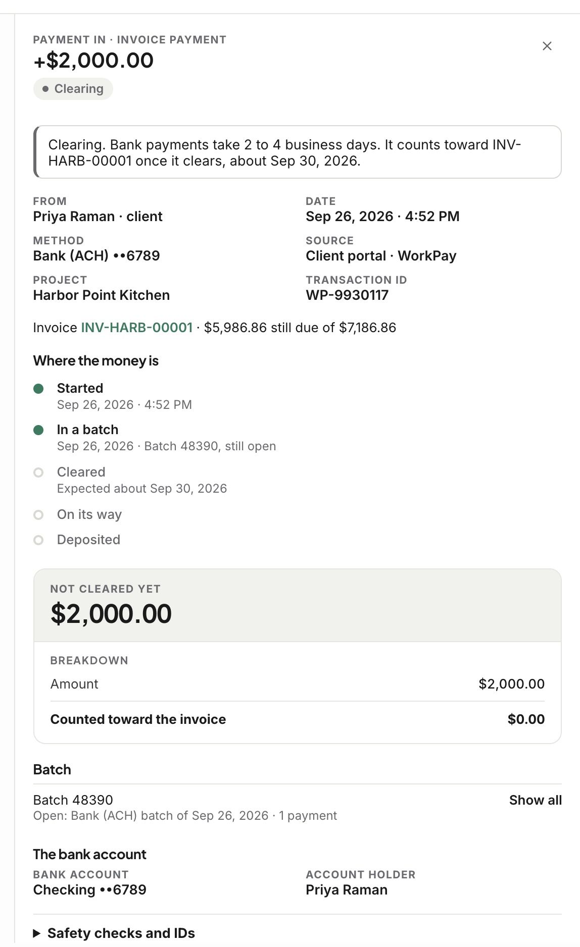 A bank payment that is clearing, expected to clear in a few days