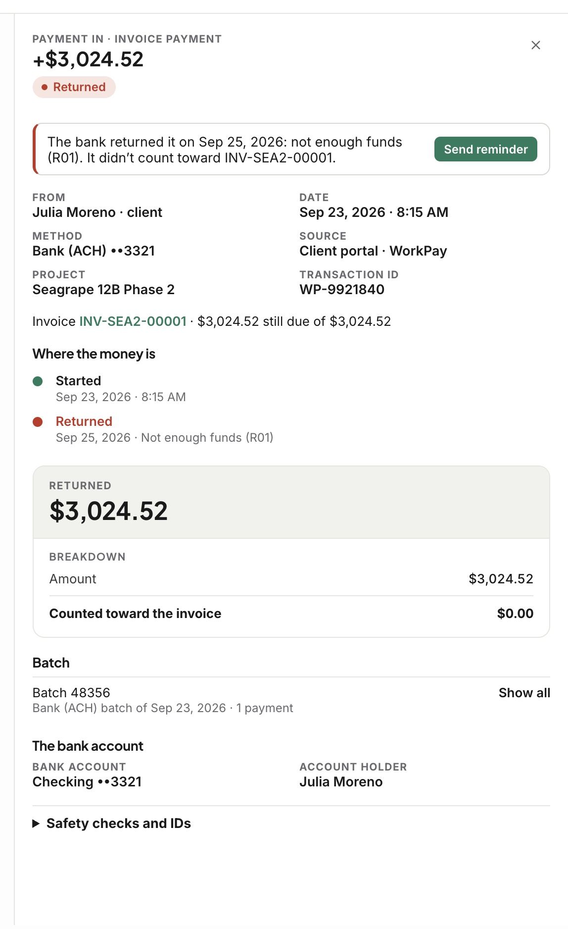 A bank payment returned for not enough funds, with Send reminder