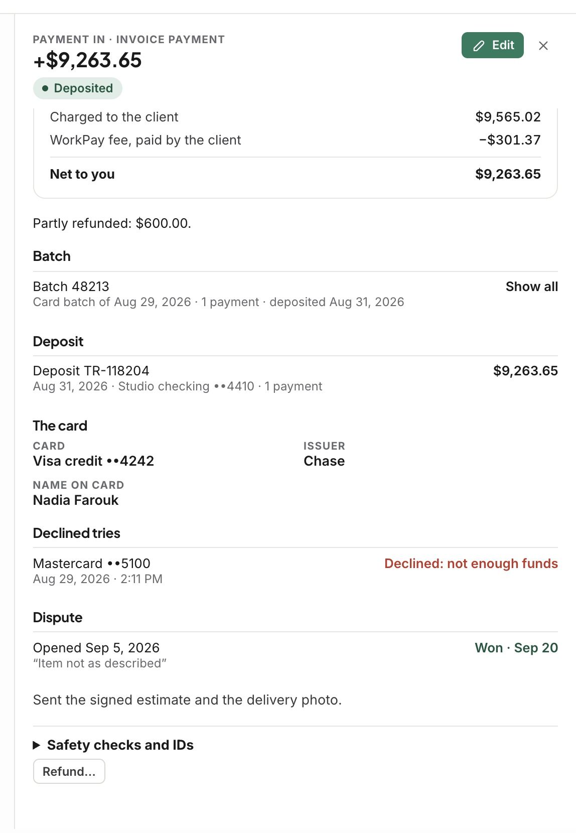 A card payment with a dispute that was won