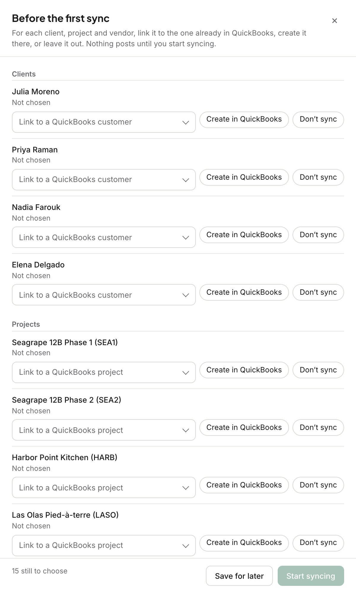 Before the first sync: link, create or leave out each client and project