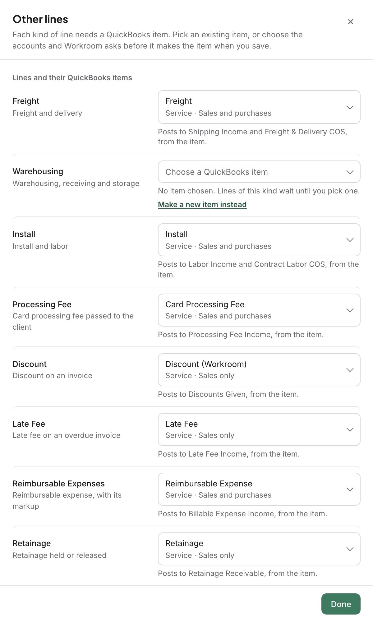 Other lines: freight, warehousing, install, fees and more, each with its QuickBooks item