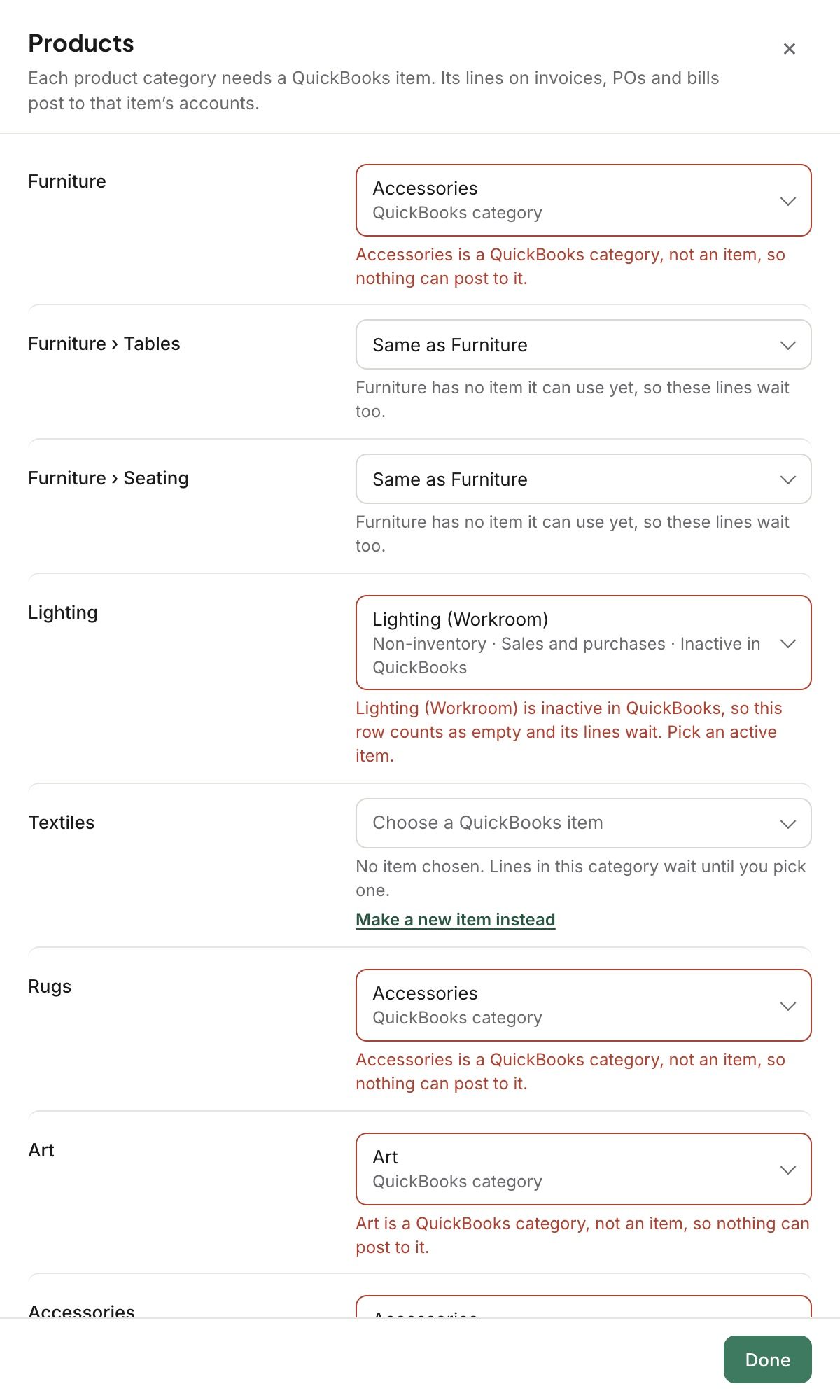 Products, with rows that point at a QuickBooks category or an inactive item