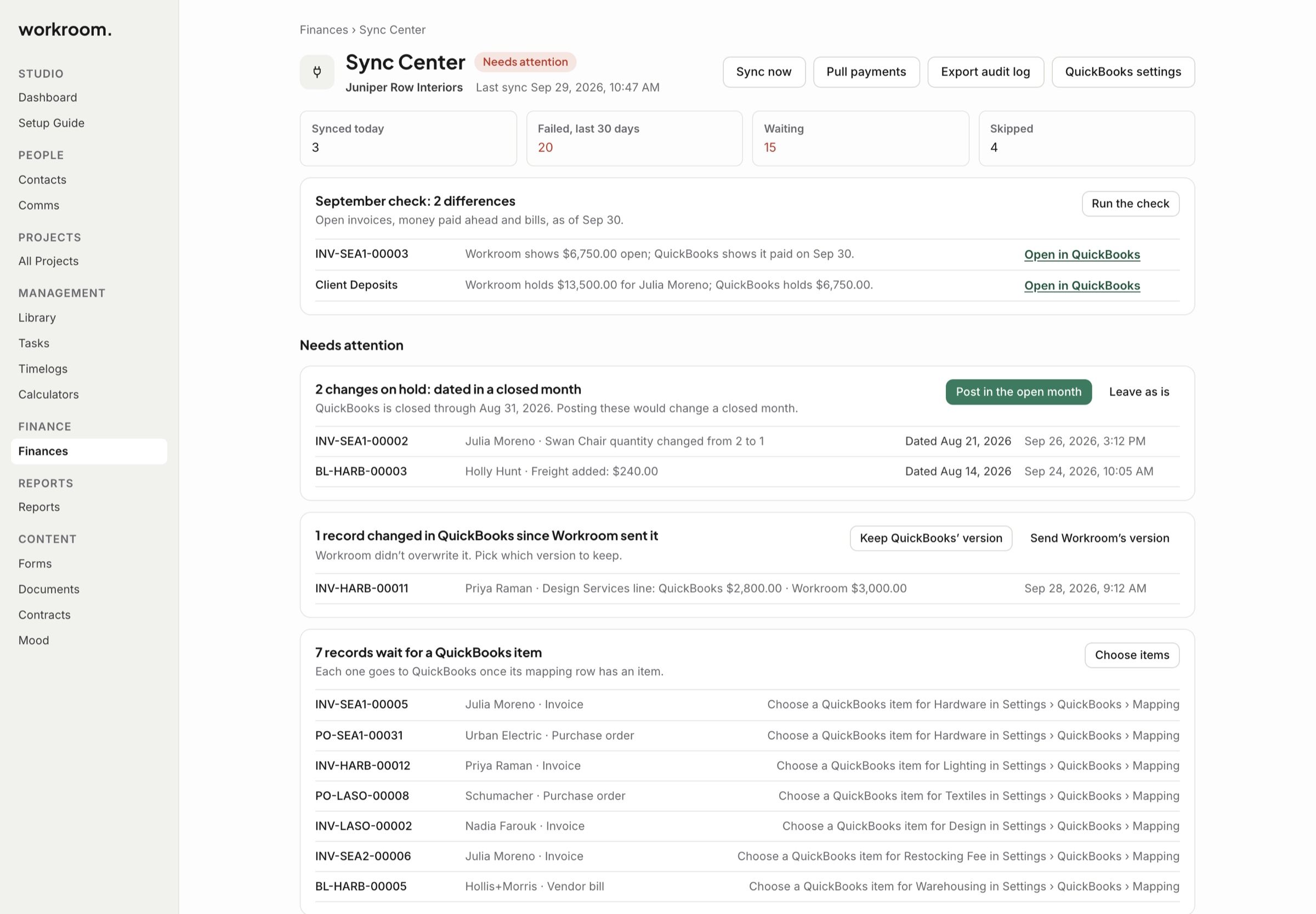 The Sync Center: today’s counts, the monthly check and Needs attention
