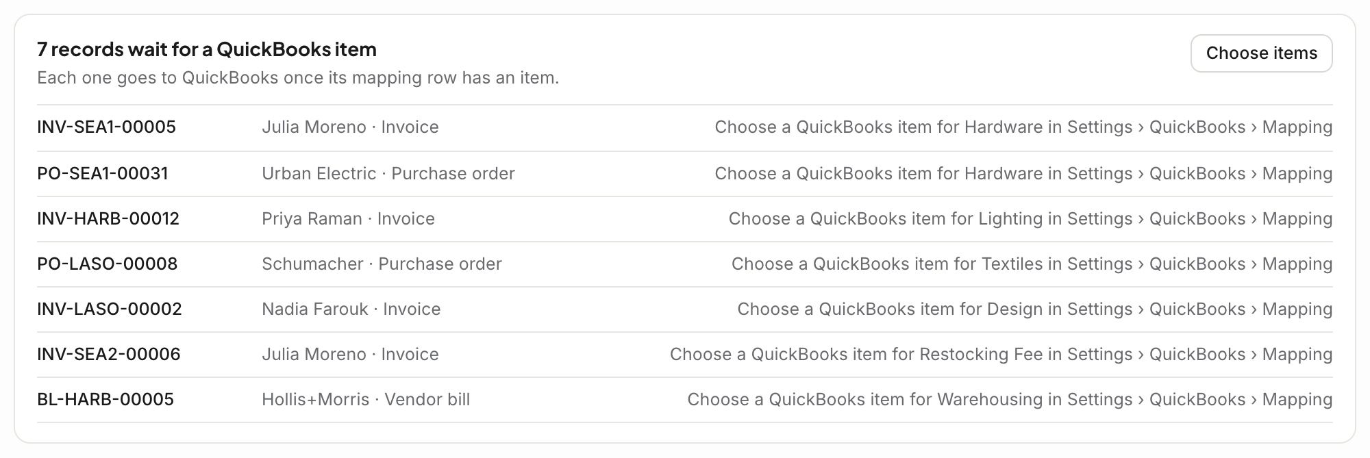 7 records wait for a QuickBooks item